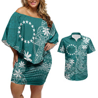 Teal Kuki Airani Tapakau Couples Matching Off Shoulder Short Dress and Hawaiian Shirt Tribal Anchor Mix Tiare LT7 Teal - Polynesian Pride