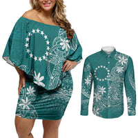 Teal Kuki Airani Tapakau Couples Matching Off Shoulder Short Dress and Long Sleeve Button Shirt Tribal Anchor Mix Tiare LT7 Teal - Polynesian Pride