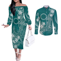 Teal Kuki Airani Tapakau Couples Matching Off The Shoulder Long Sleeve Dress and Long Sleeve Button Shirt Tribal Anchor Mix Tiare LT7 Teal - Polynesian Pride