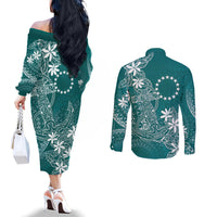 Teal Kuki Airani Tapakau Couples Matching Off The Shoulder Long Sleeve Dress and Long Sleeve Button Shirt Tribal Anchor Mix Tiare LT7 - Polynesian Pride
