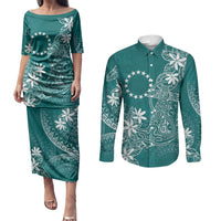 Teal Kuki Airani Tapakau Couples Matching Puletasi and Long Sleeve Button Shirt Tribal Anchor Mix Tiare LT7 Teal - Polynesian Pride