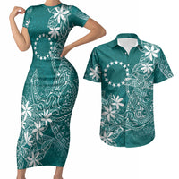 Teal Kuki Airani Tapakau Couples Matching Short Sleeve Bodycon Dress and Hawaiian Shirt Tribal Anchor Mix Tiare LT7 Teal - Polynesian Pride