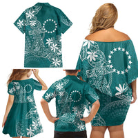 Teal Kuki Airani Tapakau Family Matching Off Shoulder Short Dress and Hawaiian Shirt Tribal Anchor Mix Tiare LT7 Mom's Dress Teal - Polynesian Pride