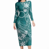 Teal Kuki Airani Tapakau Long Sleeve Bodycon Dress Tribal Anchor Mix Tiare LT7 Long Dress Teal - Polynesian Pride