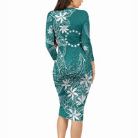 Teal Kuki Airani Tapakau Long Sleeve Bodycon Dress Tribal Anchor Mix Tiare LT7 - Polynesian Pride
