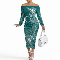 Teal Kuki Airani Tapakau Off The Shoulder Long Sleeve Dress Tribal Anchor Mix Tiare LT7 Women Teal - Polynesian Pride