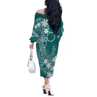Teal Kuki Airani Tapakau Off The Shoulder Long Sleeve Dress Tribal Anchor Mix Tiare LT7 - Polynesian Pride