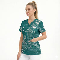 Teal Kuki Airani Tapakau Scrub Top Tribal Anchor Mix Tiare