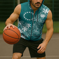 Teal Kuki Airani Tapakau Sleeveless Zip Hoodie Tribal Anchor Mix Tiare