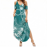 Teal Kuki Airani Tapakau Summer Maxi Dress Tribal Anchor Mix Tiare LT7 Women Teal - Polynesian Pride