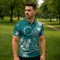 Teal Kuki Airani Tapakau Zipper Polo Shirt Tribal Anchor Mix Tiare LT7 - Polynesian Pride