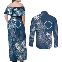 Navy Kuki Airani Tapakau Couples Matching Off Shoulder Maxi Dress and Long Sleeve Button Shirt Tribal Anchor Mix Tiare LT7 - Polynesian Pride