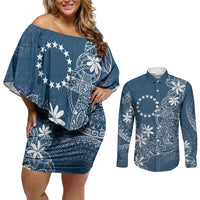Navy Kuki Airani Tapakau Couples Matching Off Shoulder Short Dress and Long Sleeve Button Shirt Tribal Anchor Mix Tiare LT7 Navy - Polynesian Pride