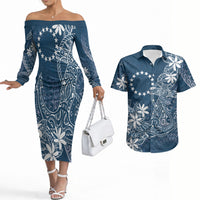 Navy Kuki Airani Tapakau Couples Matching Off The Shoulder Long Sleeve Dress and Hawaiian Shirt Tribal Anchor Mix Tiare LT7 Navy - Polynesian Pride