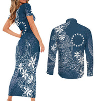 Navy Kuki Airani Tapakau Couples Matching Short Sleeve Bodycon Dress and Long Sleeve Button Shirt Tribal Anchor Mix Tiare LT7 - Polynesian Pride