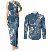 Navy Kuki Airani Tapakau Couples Matching Tank Maxi Dress and Long Sleeve Button Shirt Tribal Anchor Mix Tiare LT7 Navy - Polynesian Pride