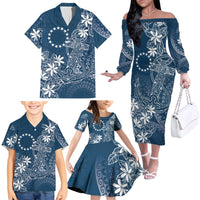 Navy Kuki Airani Tapakau Family Matching Off The Shoulder Long Sleeve Dress and Hawaiian Shirt Tribal Anchor Mix Tiare LT7 - Polynesian Pride