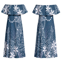 Navy Kuki Airani Tapakau Family Matching Off Shoulder Maxi Dress and Hawaiian Shirt Tribal Anchor Mix Tiare LT7 Mom's Dress Navy - Polynesian Pride