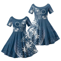 Navy Kuki Airani Tapakau Family Matching Off Shoulder Maxi Dress and Hawaiian Shirt Tribal Anchor Mix Tiare LT7 Daughter's Dress Navy - Polynesian Pride
