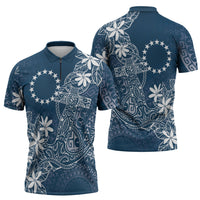 Navy Kuki Airani Tapakau Zipper Polo Shirt Tribal Anchor Mix Tiare LT7 - Polynesian Pride