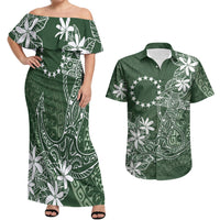 Sage Green Kuki Airani Tapakau Couples Matching Off Shoulder Maxi Dress and Hawaiian Shirt Tribal Anchor Mix Tiare LT7 Sage Green - Polynesian Pride