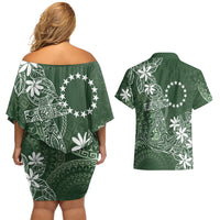 Sage Green Kuki Airani Tapakau Couples Matching Off Shoulder Short Dress and Hawaiian Shirt Tribal Anchor Mix Tiare LT7 - Polynesian Pride