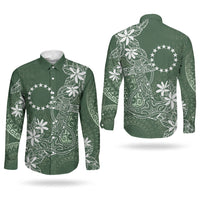 Sage Green Kuki Airani Tapakau Couples Matching Off The Shoulder Long Sleeve Dress and Long Sleeve Button Shirt Tribal Anchor Mix Tiare LT7 - Polynesian Pride