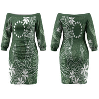 Sage Green Kuki Airani Tapakau Family Matching Off The Shoulder Long Sleeve Dress and Hawaiian Shirt Tribal Anchor Mix Tiare LT7 Mom's Dress Sage Green - Polynesian Pride
