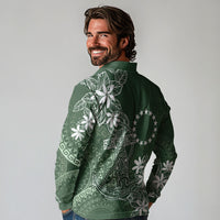 Sage Green Kuki Airani Tapakau Long Sleeve Polo Shirt Tribal Anchor Mix Tiare