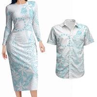 Turquoise Kuki Airani Tapakau Couples Matching Long Sleeve Bodycon Dress and Hawaiian Shirt Tribal Anchor Mix Tiare LT7 Turquoise - Polynesian Pride