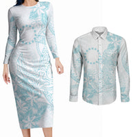 Turquoise Kuki Airani Tapakau Couples Matching Long Sleeve Bodycon Dress and Long Sleeve Button Shirt Tribal Anchor Mix Tiare LT7 Turquoise - Polynesian Pride