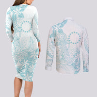 Turquoise Kuki Airani Tapakau Couples Matching Long Sleeve Bodycon Dress and Long Sleeve Button Shirt Tribal Anchor Mix Tiare LT7 - Polynesian Pride