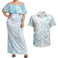 Turquoise Kuki Airani Tapakau Couples Matching Off Shoulder Maxi Dress and Hawaiian Shirt Tribal Anchor Mix Tiare LT7 Turquoise - Polynesian Pride