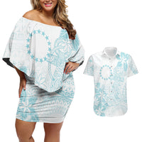 Turquoise Kuki Airani Tapakau Couples Matching Off Shoulder Short Dress and Hawaiian Shirt Tribal Anchor Mix Tiare LT7 Turquoise - Polynesian Pride