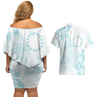 Turquoise Kuki Airani Tapakau Couples Matching Off Shoulder Short Dress and Hawaiian Shirt Tribal Anchor Mix Tiare LT7 - Polynesian Pride