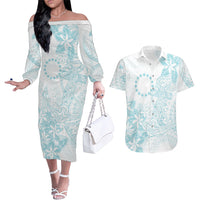 Turquoise Kuki Airani Tapakau Couples Matching Off The Shoulder Long Sleeve Dress and Hawaiian Shirt Tribal Anchor Mix Tiare LT7 Turquoise - Polynesian Pride