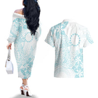 Turquoise Kuki Airani Tapakau Couples Matching Off The Shoulder Long Sleeve Dress and Hawaiian Shirt Tribal Anchor Mix Tiare LT7 - Polynesian Pride