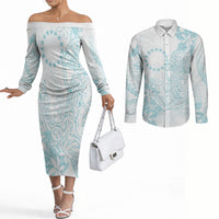 Turquoise Kuki Airani Tapakau Couples Matching Off The Shoulder Long Sleeve Dress and Long Sleeve Button Shirt Tribal Anchor Mix Tiare LT7 Turquoise - Polynesian Pride
