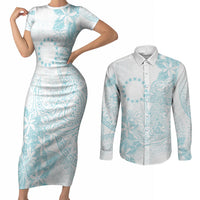 Turquoise Kuki Airani Tapakau Couples Matching Short Sleeve Bodycon Dress and Long Sleeve Button Shirt Tribal Anchor Mix Tiare LT7 Turquoise - Polynesian Pride