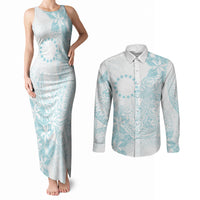Turquoise Kuki Airani Tapakau Couples Matching Tank Maxi Dress and Long Sleeve Button Shirt Tribal Anchor Mix Tiare LT7 Turquoise - Polynesian Pride
