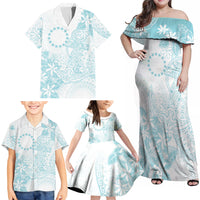 Turquoise Kuki Airani Tapakau Family Matching Off Shoulder Maxi Dress and Hawaiian Shirt Tribal Anchor Mix Tiare LT7 - Polynesian Pride