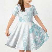 Turquoise Kuki Airani Tapakau Kid Short Sleeve Dress Tribal Anchor Mix Tiare LT7 KID Turquoise - Polynesian Pride