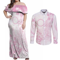 Candy Pink Kuki Airani Tapakau Couples Matching Off Shoulder Maxi Dress and Long Sleeve Button Shirt Tribal Anchor Mix Tiare LT7 Candy Pink - Polynesian Pride