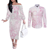 Candy Pink Kuki Airani Tapakau Couples Matching Off The Shoulder Long Sleeve Dress and Long Sleeve Button Shirt Tribal Anchor Mix Tiare LT7 Candy Pink - Polynesian Pride