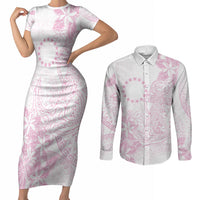 Candy Pink Kuki Airani Tapakau Couples Matching Short Sleeve Bodycon Dress and Long Sleeve Button Shirt Tribal Anchor Mix Tiare LT7 Candy Pink - Polynesian Pride