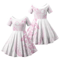Candy Pink Kuki Airani Tapakau Family Matching Off The Shoulder Long Sleeve Dress and Hawaiian Shirt Tribal Anchor Mix Tiare LT7 Daughter's Dress Candy Pink - Polynesian Pride
