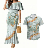 Hawaii Kaho'olawe Island Flowers Lei Couples Matching Mermaid Dress and Hawaiian Shirt Silver Hinahina Kū Kahakai