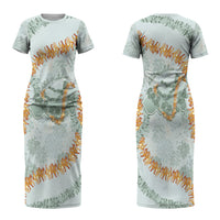 Hawaii Kaho'olawe Island Flowers Lei Couples Matching Short Sleeve Bodycon Dress and Hawaiian Shirt Silver Hinahina Kū Kahakai LT7 - Polynesian Pride
