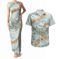 Hawaii Kaho'olawe Island Flowers Lei Couples Matching Tank Maxi Dress and Hawaiian Shirt Silver Hinahina Kū Kahakai