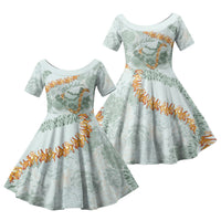Hawaii Kaho'olawe Island Flowers Lei Family Matching Off The Shoulder Long Sleeve Dress and Hawaiian Shirt Silver Hinahina Kū Kahakai LT7 Daughter's Dress Silver - Polynesian Pride